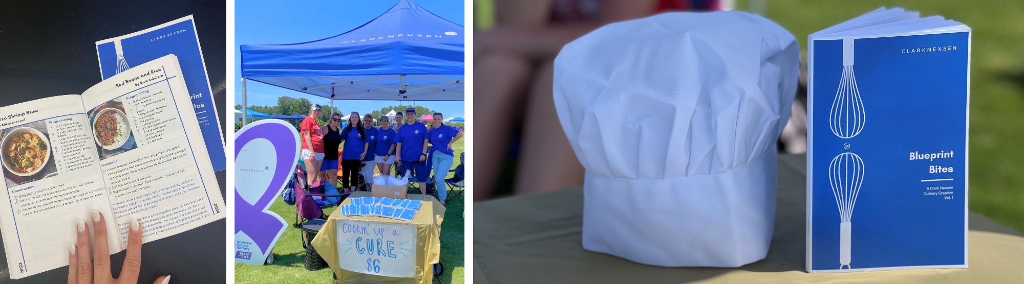 Cookbook, team photo and chef hat